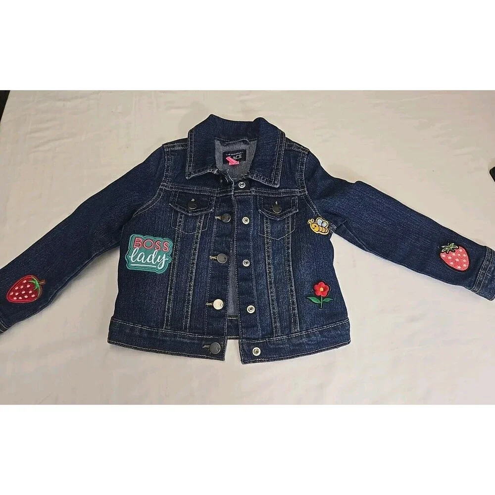 The Children's Place Toddler Girls Denim Jacket Size‎ 3T Patches Fruit Flowers